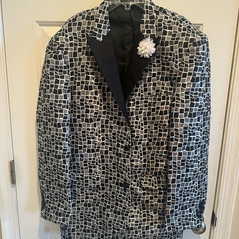 EJ Samuel Black White Silver Geometric Tuxedo Blazer Jacket 40R NYE Party